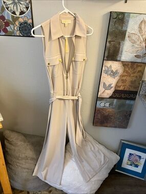 Michael Kors Sleeveless Beige Belted Jumpsuit with Gold Hardware NWTs!! M